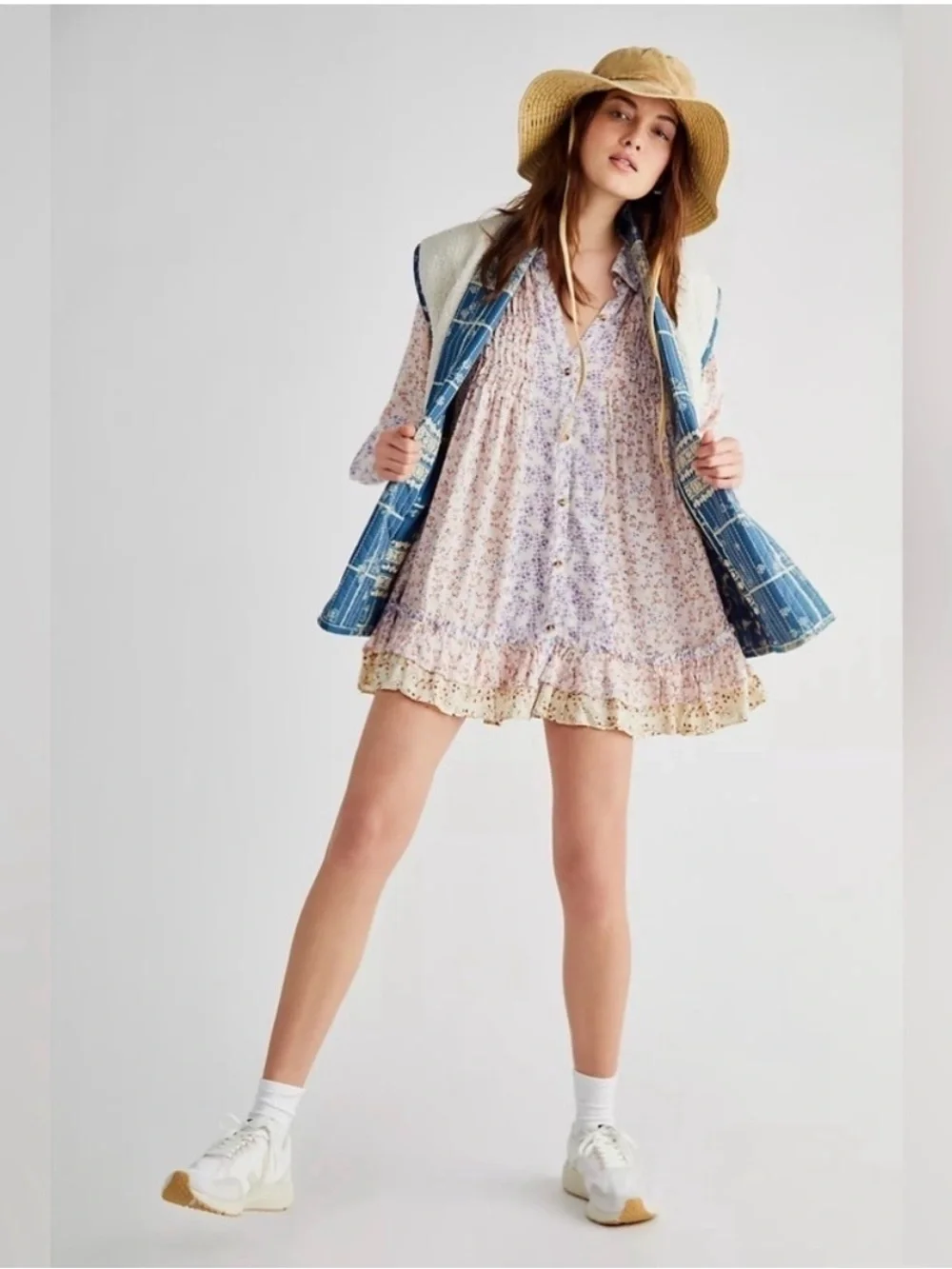 Free People Lost In You Printed Tunic Blouse Mini Dress Light Floral Combo